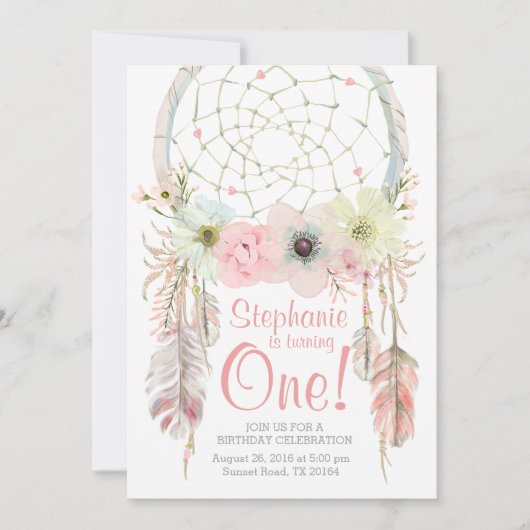 Drocatcher boho roze pastel Birthday-uitnodiging Kaart (Voorkant)