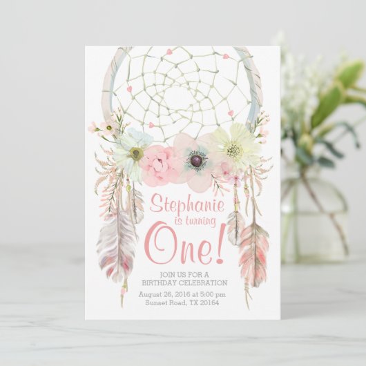 Drocatcher boho roze pastel Birthday-uitnodiging Kaart (Staand voorkant)