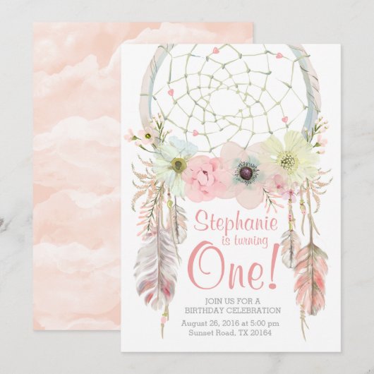 Drocatcher boho roze pastel Birthday-uitnodiging Kaart (Voorkant / Achterkant)