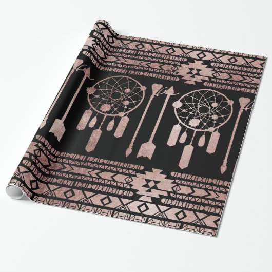 Drocatcher Roos Gold Tribal Aztec op Black Cadeaupapier (Uitgerold)