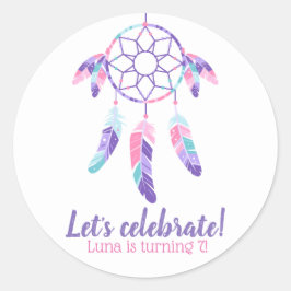 Drocatcher roze paarse blauwgroen kinderfeestje ronde sticker