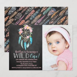 Drocatcher Wild One Photo Birthday Invitations Kaart