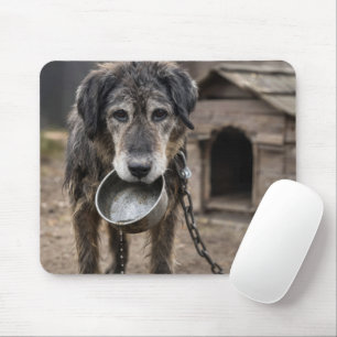 Droevige hond met lege waterbak muismat