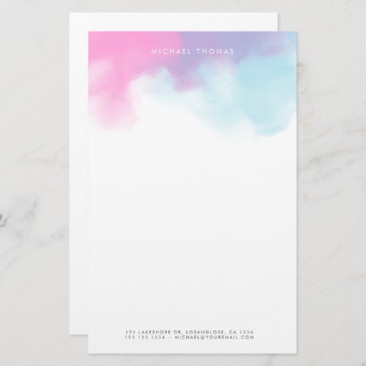 Droge Abstracte Waterverf Wolken in Blauw en Roze Briefpapier (Voorkant / Achterkant)