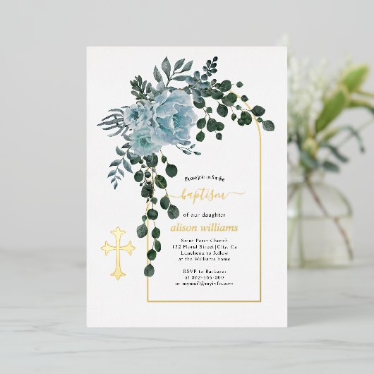 Droge blauwe bloemen en goudmakreel met boogontste folie uitnodiging (Staand Voorkant)