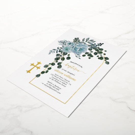 Droge blauwe bloemen en goudmakreel met boogontste folie uitnodiging (Gedraaid)