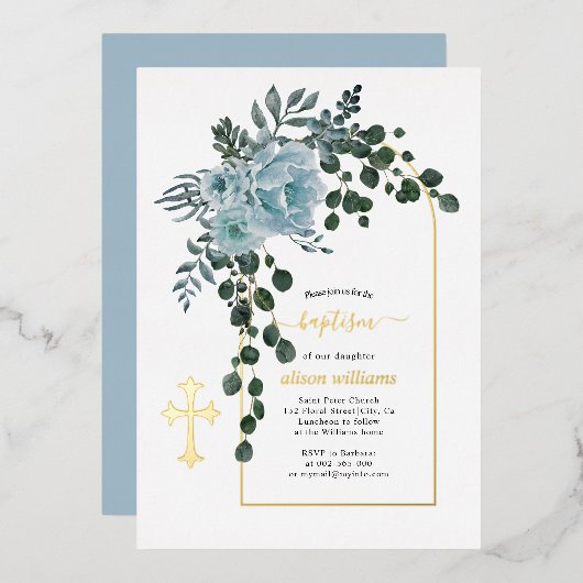 Droge blauwe bloemen en goudmakreel met boogontste folie uitnodiging (Voorkant / Achterkant)