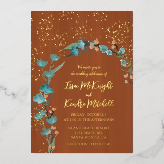 Droge blauwe en verbrande Oranje flessenArch Folie Uitnodiging (Voorkant)