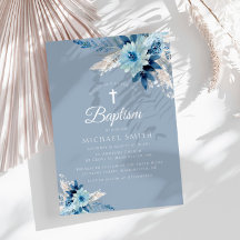 Droge blauwe florale moderne baptisme-uitnodiging