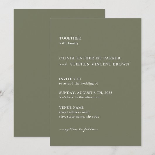 Droge groene eenvoudige typografie moderne bruilof kaart (Voorkant / Achterkant)