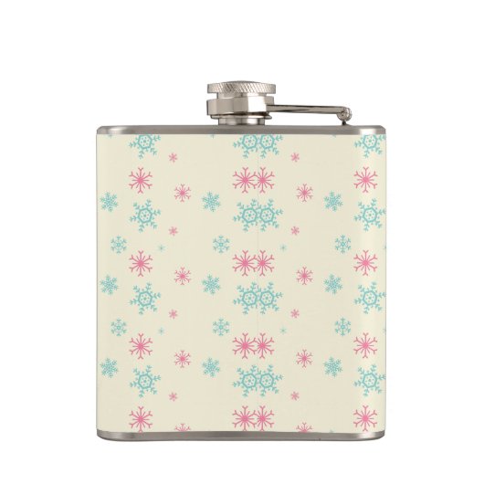 Droge kerstdecorteerroze en blauwe sneeuwvlokken heupfles (Achterkant)