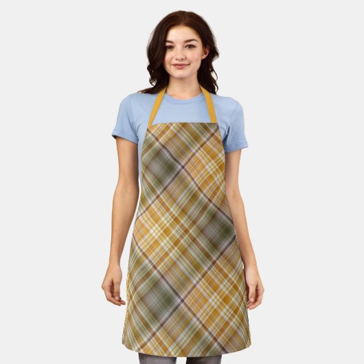 Droge Maïsgeel en Olijfgroen Plaid Schort (Gedragen)