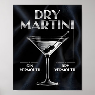 Droge Martini Cocktail Ingrediënten Zilver Zwarte  Poster