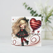 Drollig klein meisje rood glitter hart ballon feestdagenkaart (Staand voorkant)