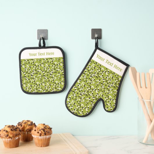 Drollige groene polka-stippen-doodles-patroon ovenwant & pannenlap set (Insitu(Ophanging))