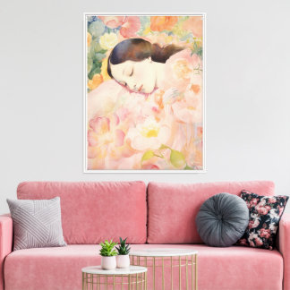 Dromen in bloei – Waterverf slapende vrouw Canvas Afdruk