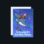 Dromen van de grote witte kerst Cartoon Kaart<br><div class="desc">De Kerstman heeft het hert dit jaar thuis gelaten en rijdt op een kokende 'GROTE WITTE HAAI! Onze lange tijd favoriete kaart is nu beschikbaar als een platte kaart! Het bevat deze leuke en vreemde cartoon-illustratie van de kerstman en vrienden die door de lucht vliegen met zijn haaienberg. "I'm dreaming...</div>