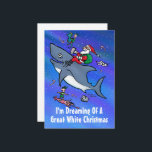 Dromen van de grote witte kerst Cartoon Kaart<br><div class="desc">De Kerstman heeft het hert dit jaar thuis gelaten en rijdt op een kokende 'GROTE WITTE HAAI! Onze lange tijd favoriete kaart is nu beschikbaar als een platte kaart! Het bevat deze leuke en vreemde cartoon-illustratie van de kerstman en vrienden die door de lucht vliegen met zijn haaienberg. "I'm dreaming...</div>