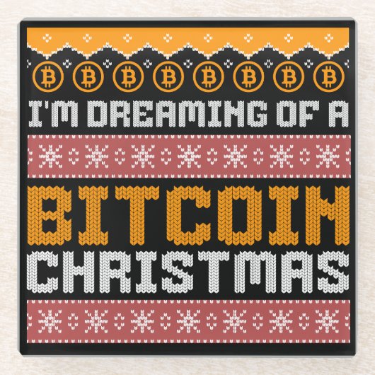 Dromen van een BITCOIN KERSTMIS Faux Knit Pattern Glazen Onderzetter (Voorkant)