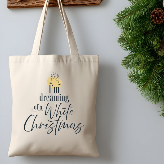 Dromen van een witte kerst met moderne witte wijn tote bag