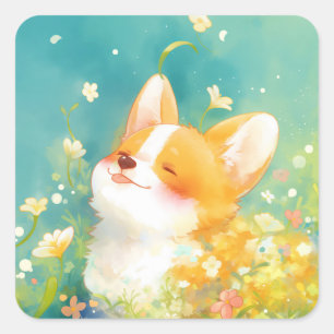 Dromende Corgi omringd door Bloemen Vierkante Sticker