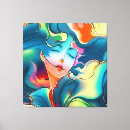 Dromende serene vrouw in blauwe kleuren canvas afdruk (Voorkant)