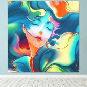 Dromende serene vrouw in blauwe kleuren canvas afdruk (Insitu (Houten vloer))