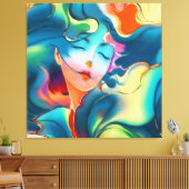 Dromende serene vrouw in blauwe kleuren canvas afdruk (Insitu (Woonkamer))
