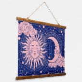 Dromerig Blauw  Hemelroze Zon & Maan Hangend Wandkleed (Gebogen)