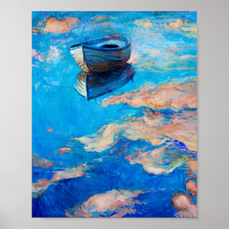 Dromerig Blauw Impressionistische Boot Reflectie P Poster