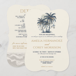 Dromerig Blauw Strand met QR Code Bruiloft uitnodi Kaart