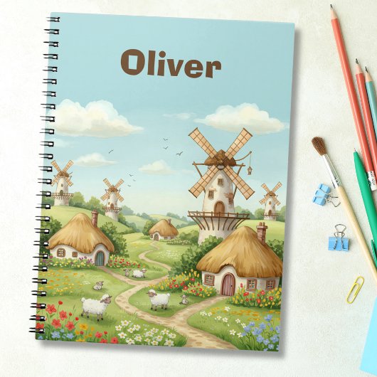 Dromerig dorpslandschap met molens notitieboek