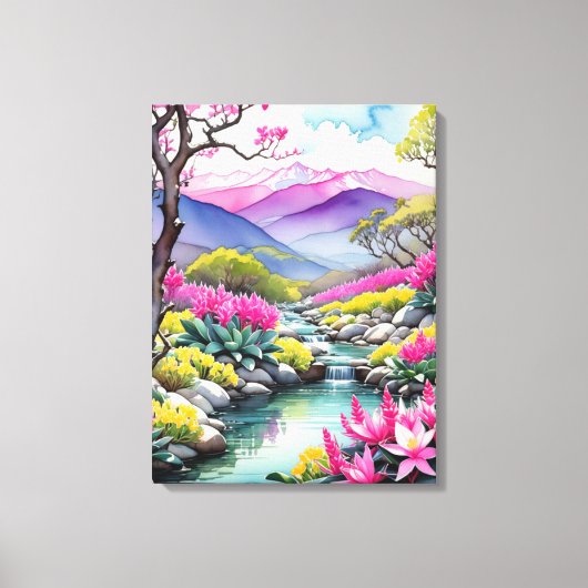 Dromerig Floral Mountain Landscape Canvas Afdruk (Voorkant)