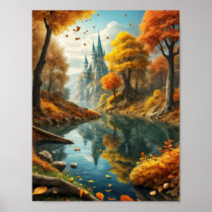 Dromerig herfstlandschap met magisch kasteel en ri poster