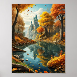 Dromerig herfstlandschap met magisch kasteel en ri poster