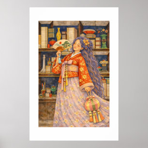 Dromerig Koreaans Hanbok-meisje met waaier en Nori Poster
