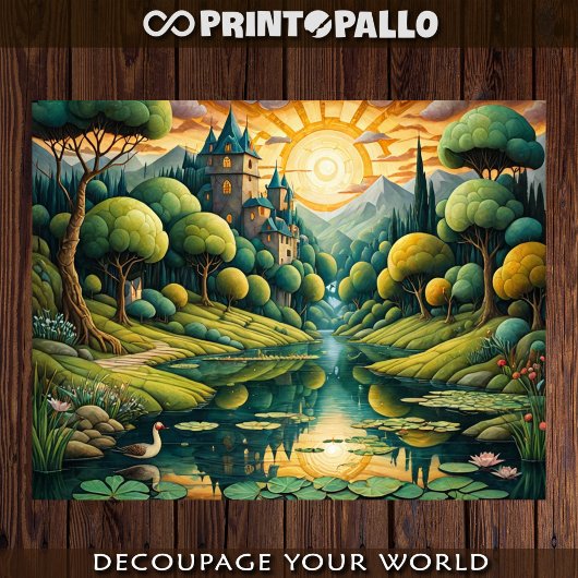 Dromerig landschap met een rivier en een kasteel b tissuepapier