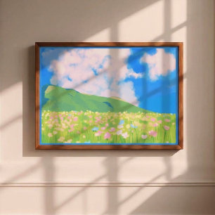 Dromerig landschap met wilde bloemen aan de muur canvas afdruk