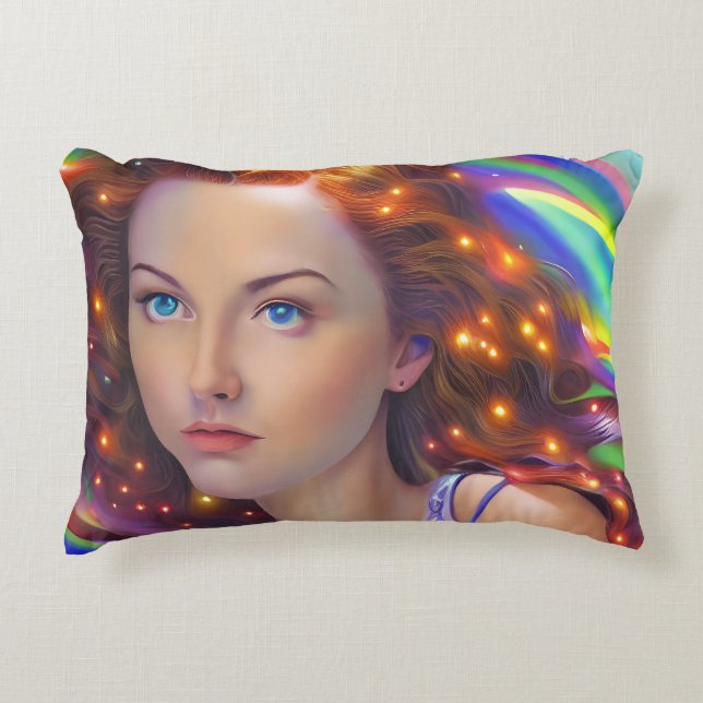 Dromerig meisje met regenbooglampen accent kussen (Voorkant)