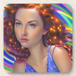 Dromerig meisje met regenbooglampen bier onderzetter