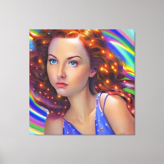 Dromerig meisje met regenbooglampen canvas afdruk (Voorkant)