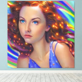 Dromerig meisje met regenbooglampen canvas afdruk (Insitu (Houten vloer))