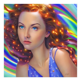 Dromerig meisje met regenbooglampen foto afdruk