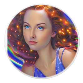 Dromerig meisje met regenbooglampen keramische knop