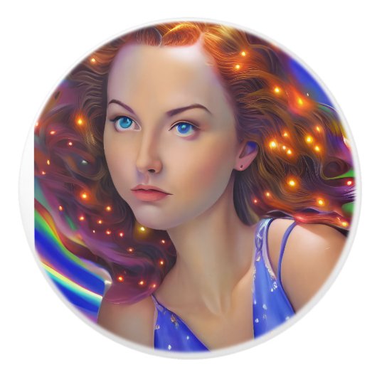 Dromerig meisje met regenbooglampen keramische knop (Voorkant)