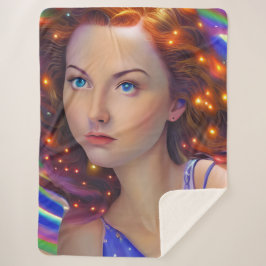 Dromerig meisje met regenbooglampen sherpa deken