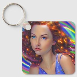 Dromerig meisje met regenbooglampen sleutelhanger