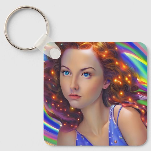 Dromerig meisje met regenbooglampen sleutelhanger (Voorkant)