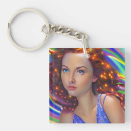 Dromerig meisje met regenbooglampen sleutelhanger