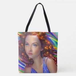 Dromerig meisje met regenbooglampen tote bag